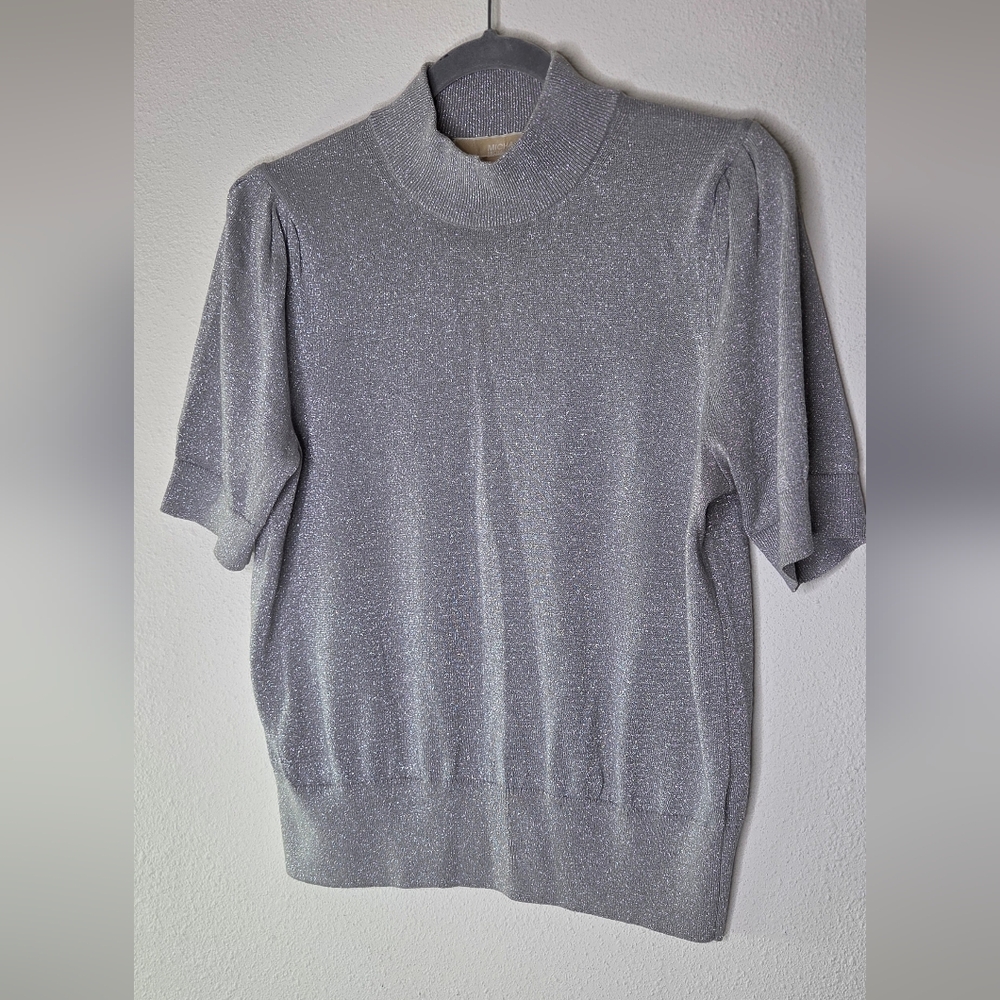 Michael Kors Metallic Silver Mock Neck Short-Sleeve Sweater - Size Large - Picture 3 of 15